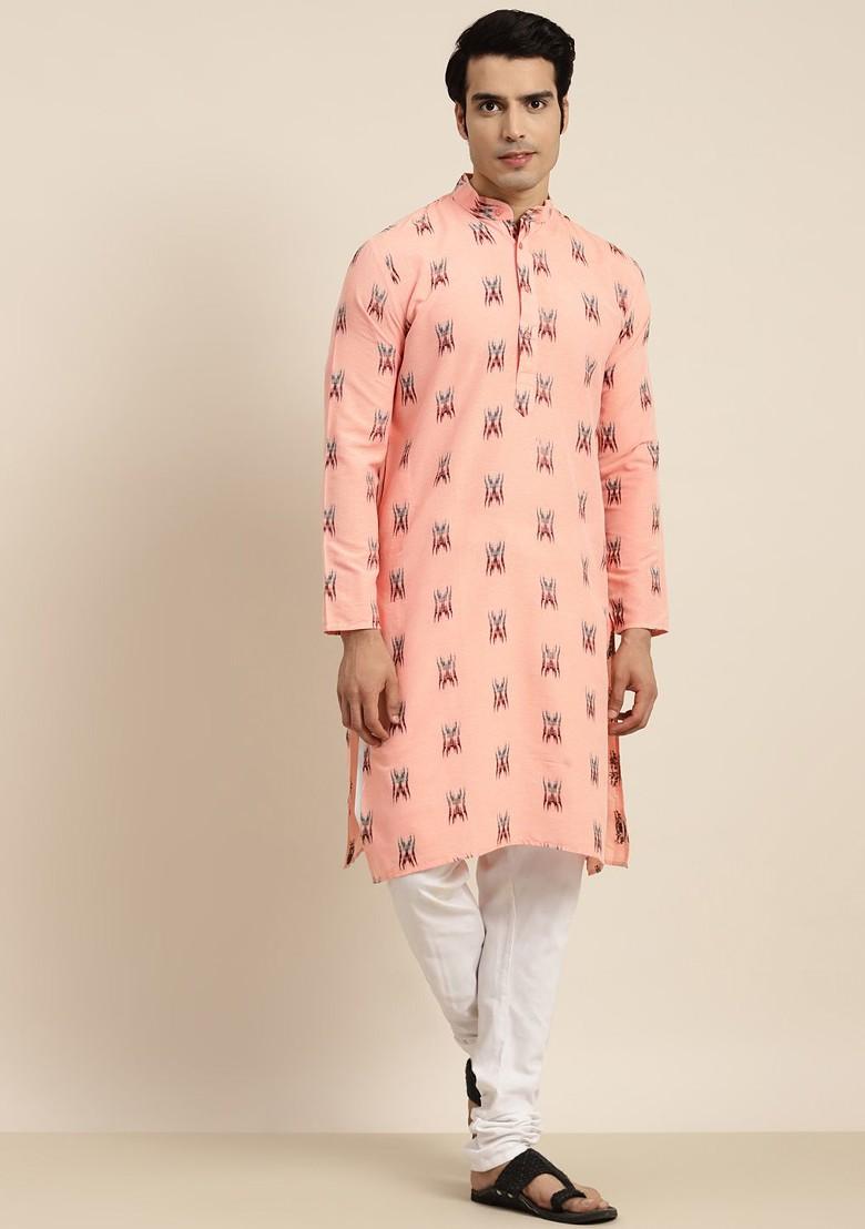 Peach Ethnic Motifs Poly Blend Kurta For Men