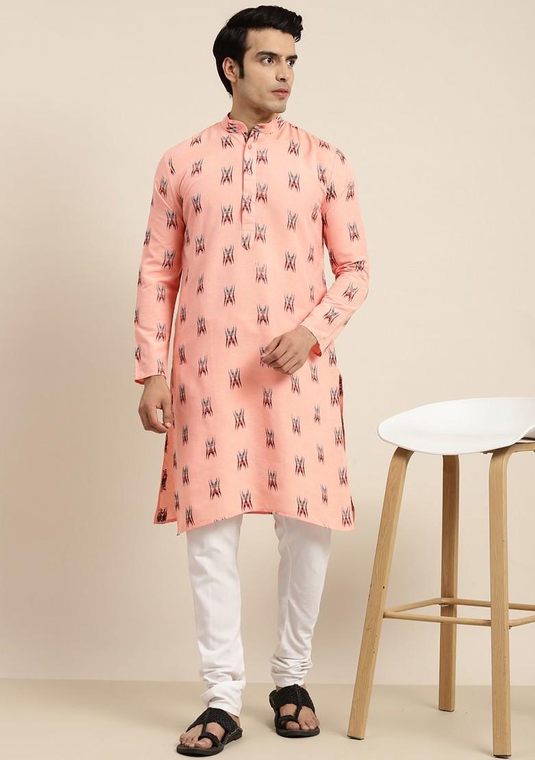 Peach Ethnic Motifs Poly Blend Kurta For Men