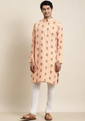 Peach Solid Poly Blend Kurta For Men