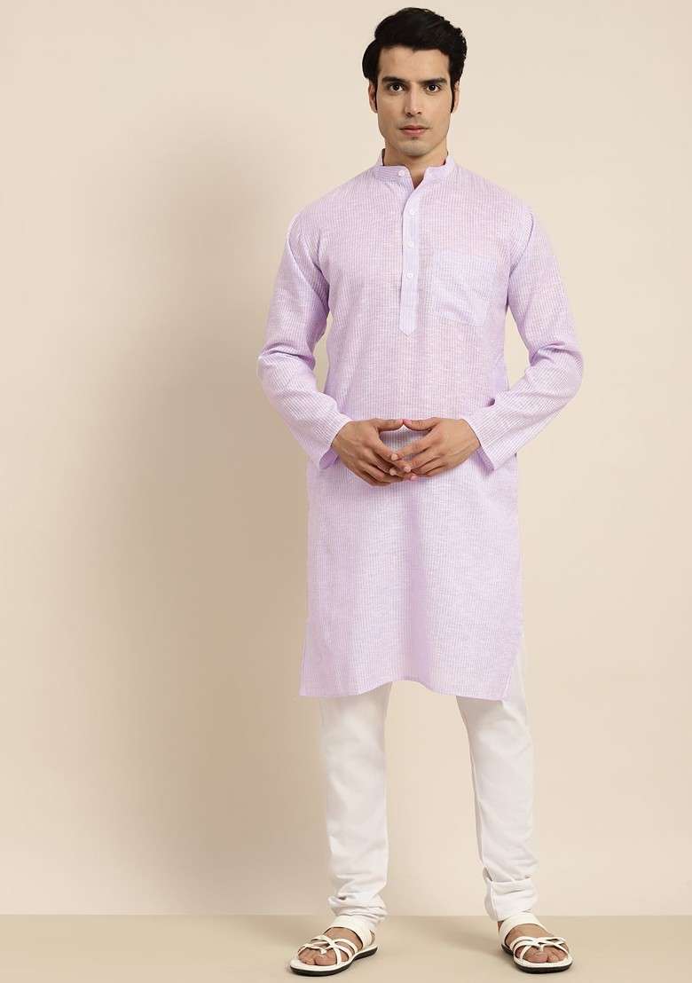 Purple Striped Cotton Kurta For Men - Indya