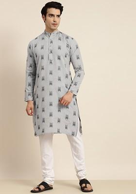 Grey Solid Cotton Kurta For Men