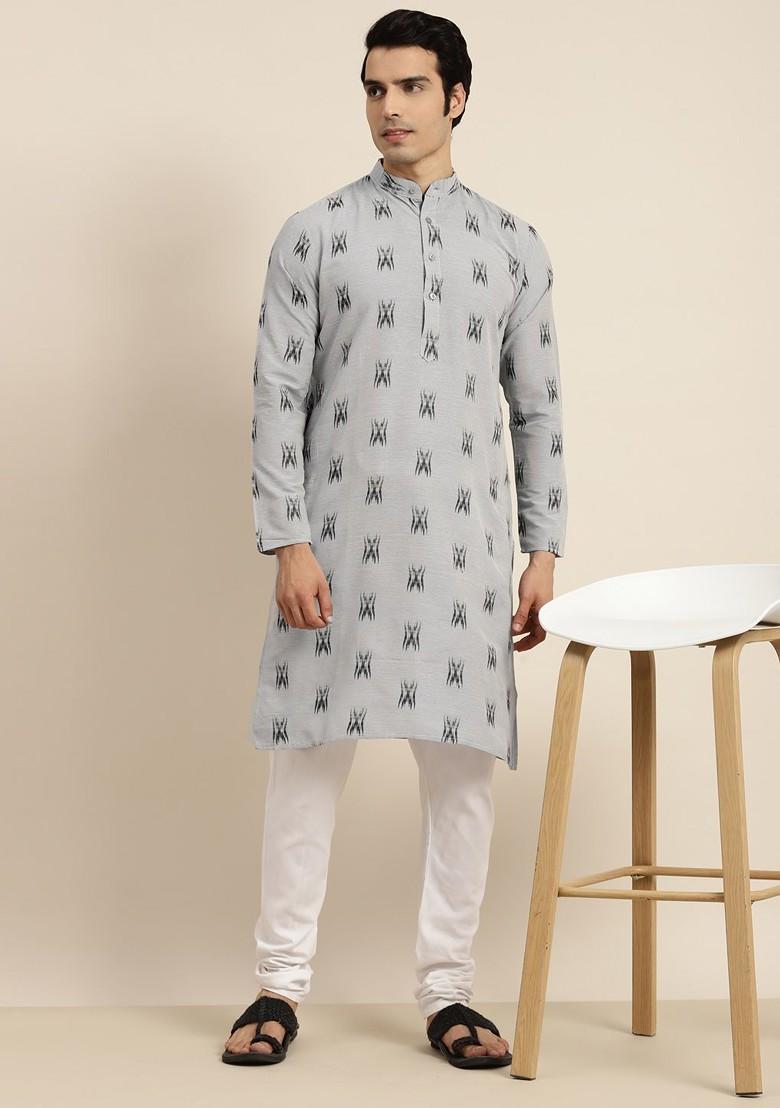 Grey Solid Cotton Kurta For Men