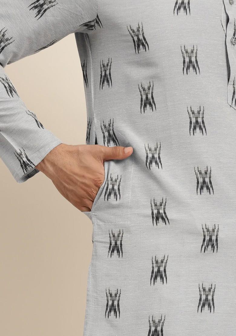 Grey Solid Cotton Kurta For Men