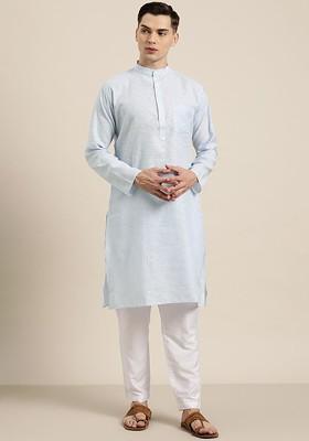 Blue Striped Cotton Kurta For Men