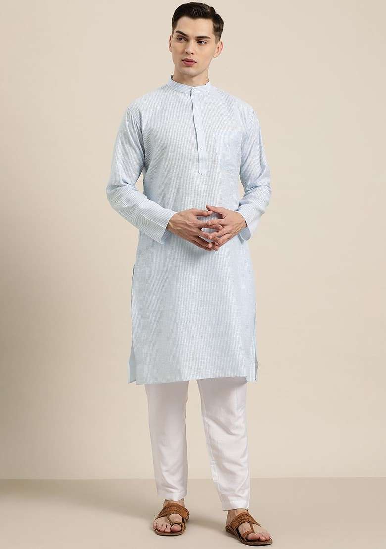 Blue Striped Cotton Kurta For Men - Indya