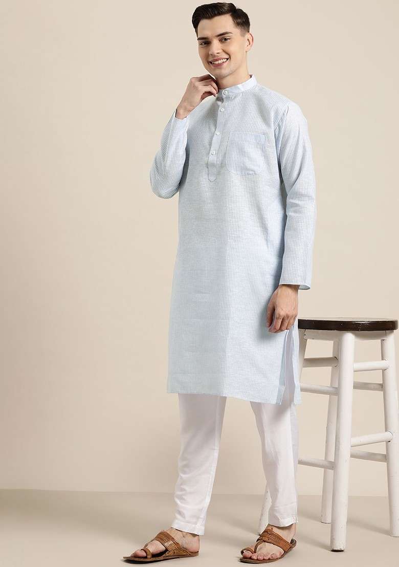 Blue Striped Cotton Kurta For Men - Indya
