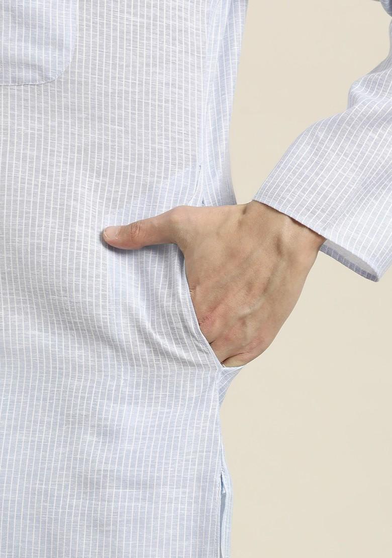 Blue Striped Cotton Kurta For Men