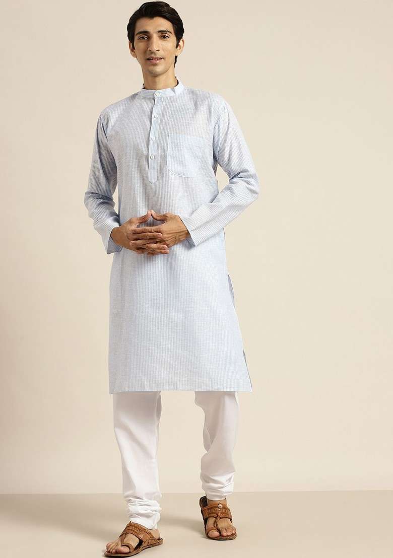 Blue Striped Cotton Kurta For Men - Indya