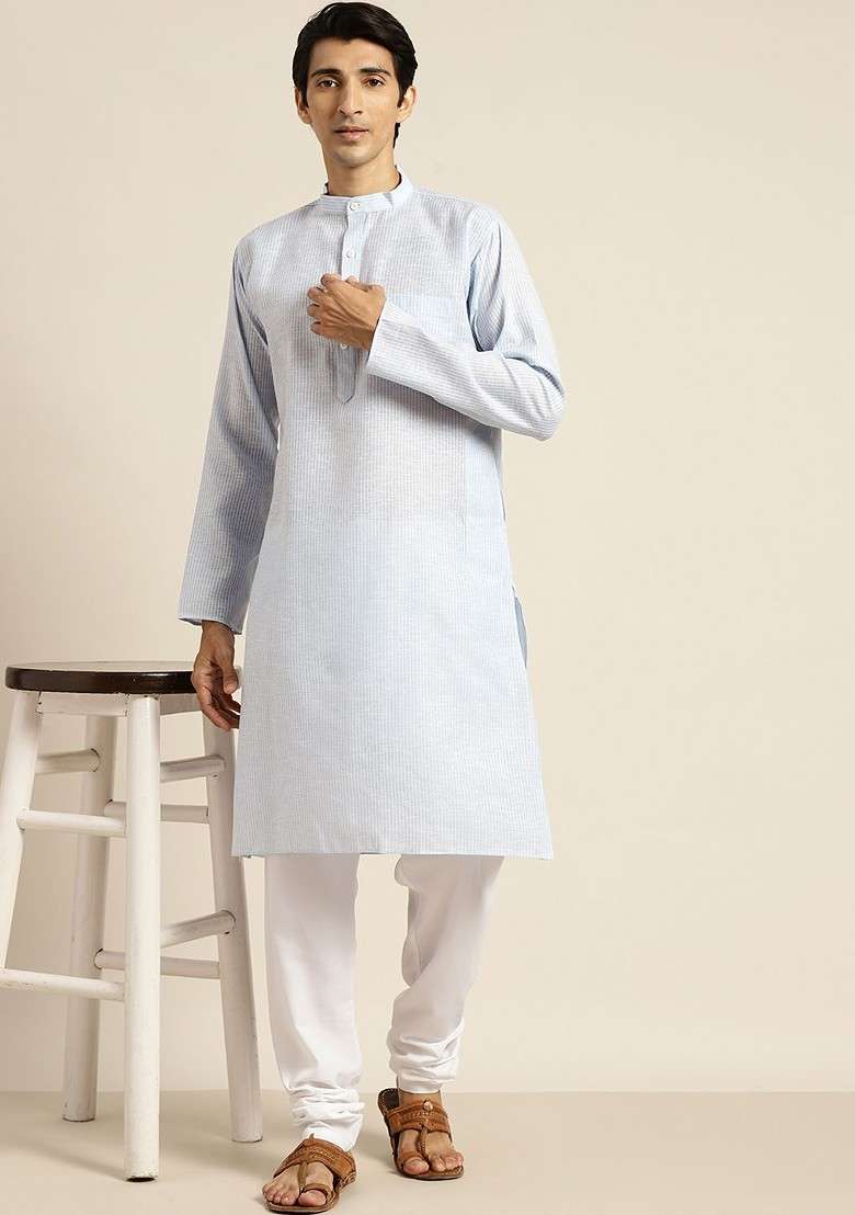 Blue Striped Cotton Kurta For Men - Indya