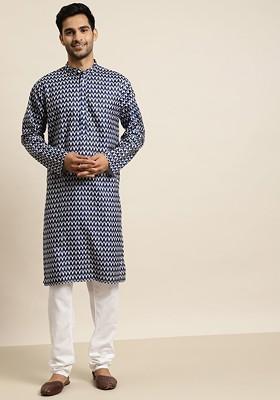 Navy Blue Printed Cotton Kurta For Men