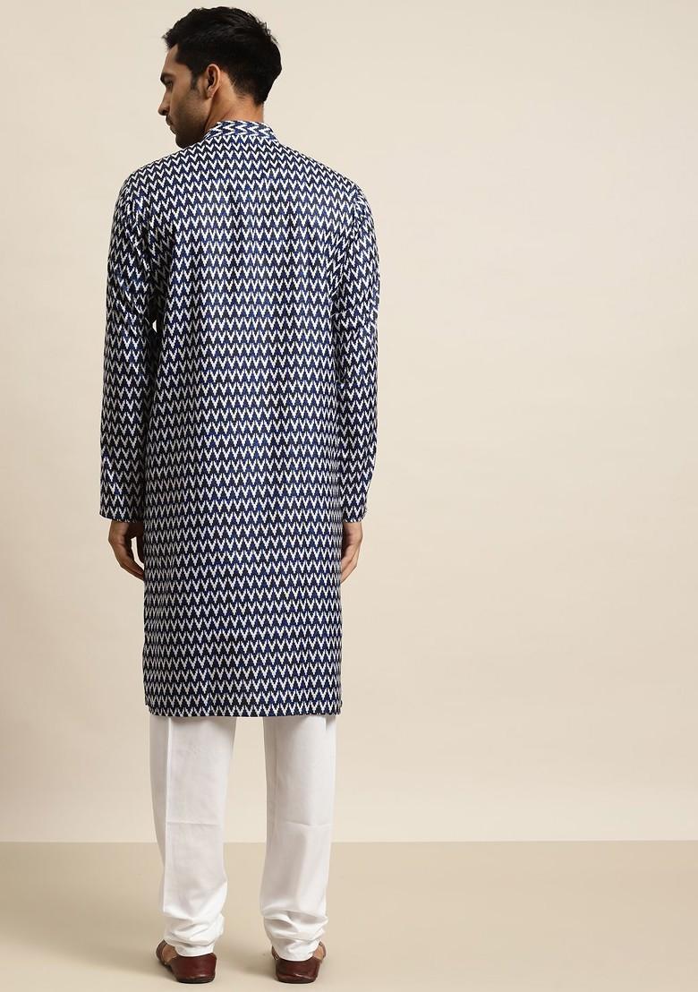 Navy Blue Printed Cotton Kurta For Men