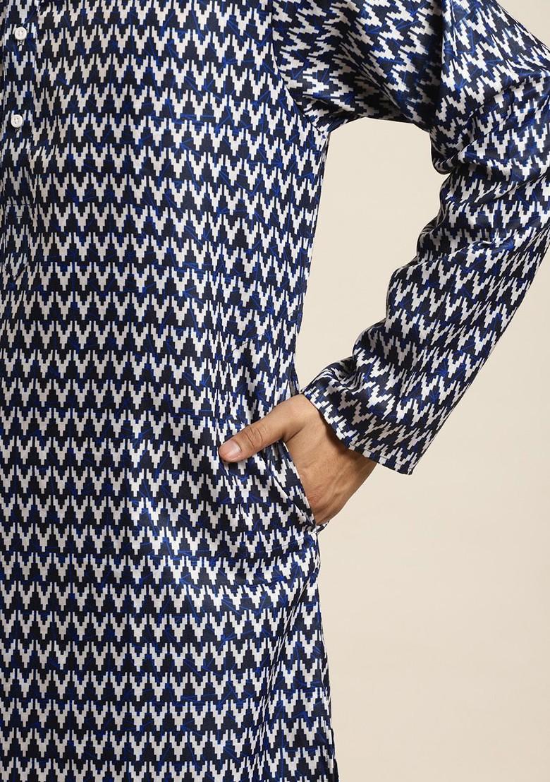 Navy Blue Printed Cotton Kurta For Men