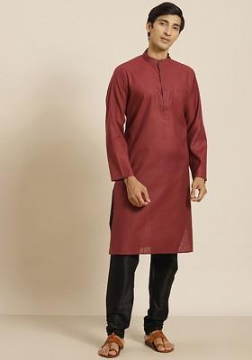 Maroon Striped Cotton Kurta For Men