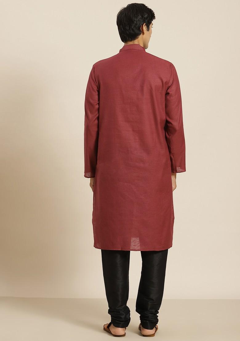 Maroon Striped Cotton Kurta For Men