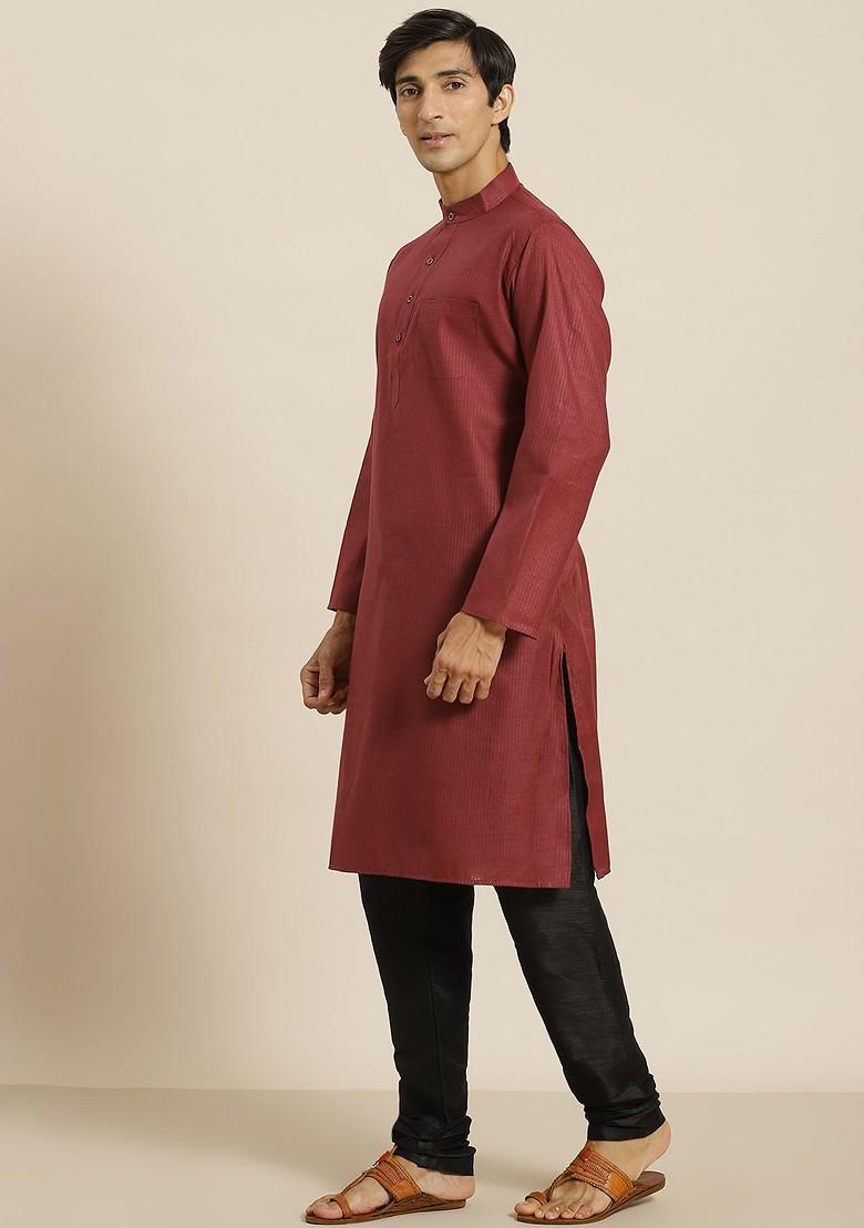 Maroon Striped Cotton Kurta For Men