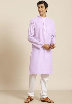 Purple Striped Poly Blend Kurta For Men