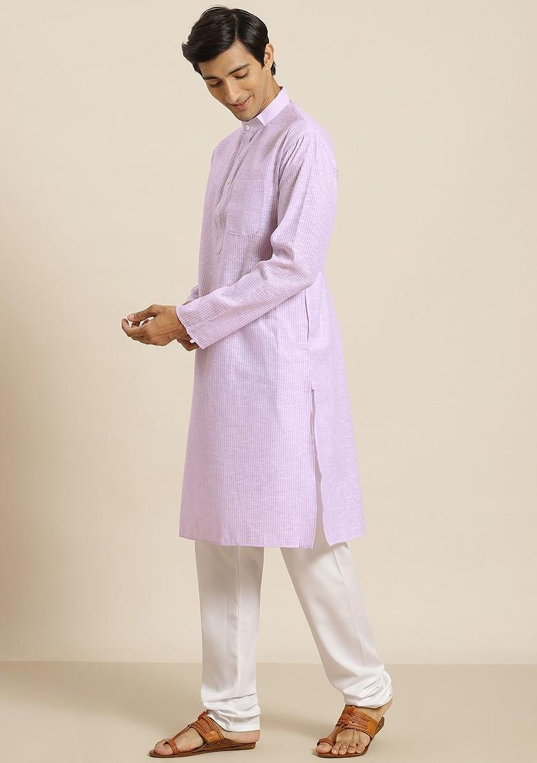 Purple Striped Poly Blend Kurta For Men