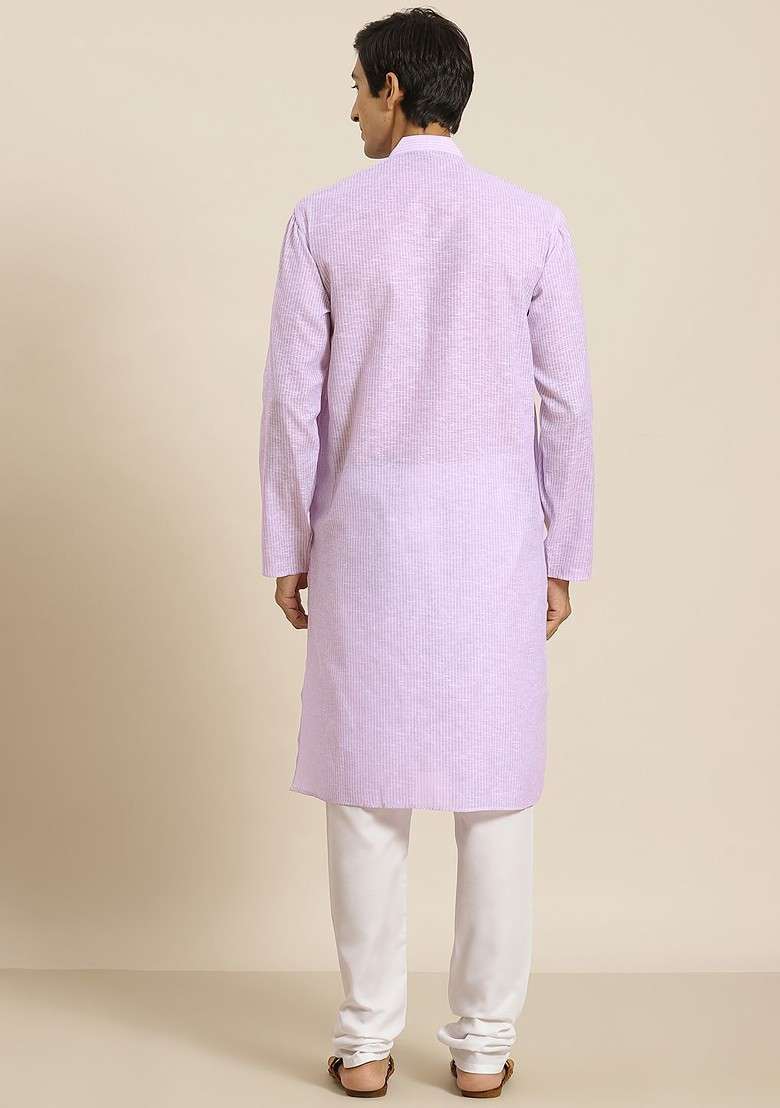 Purple Striped Poly Blend Kurta For Men - Indya