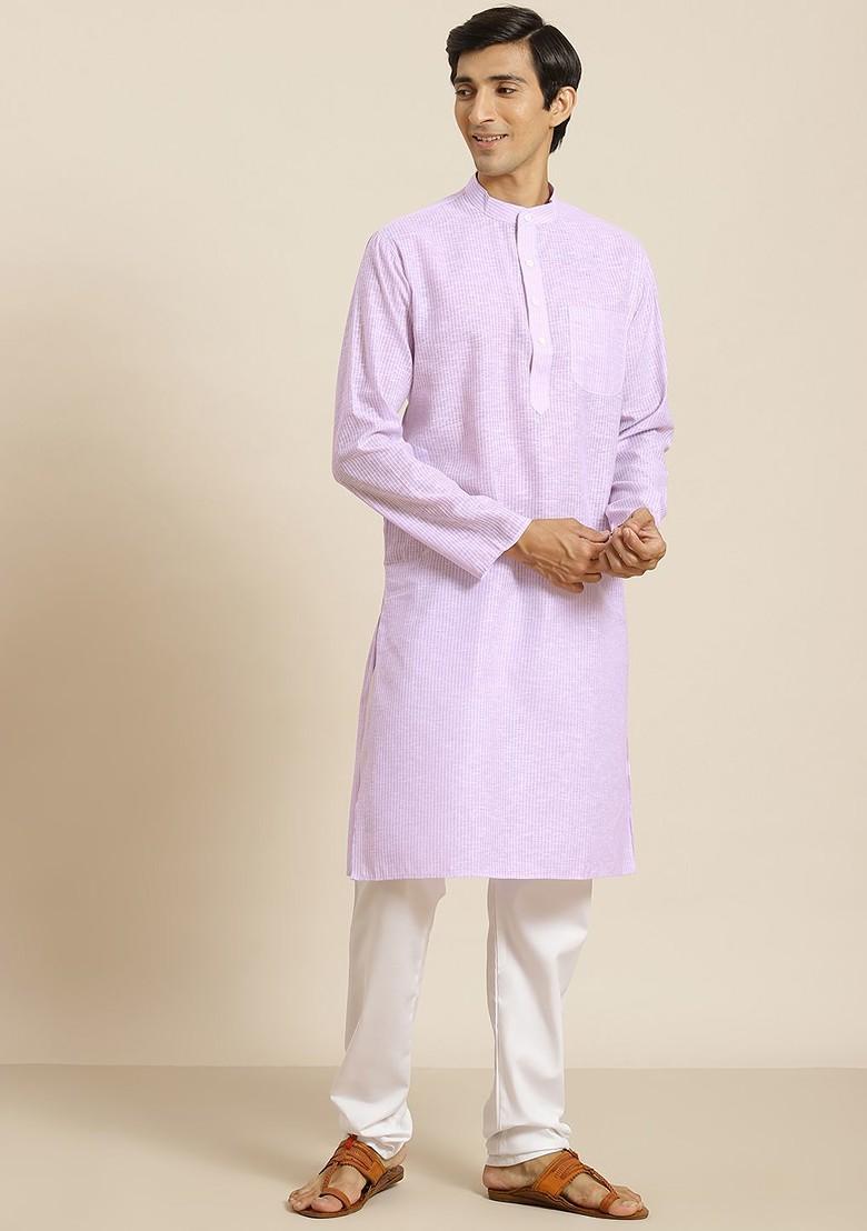 Purple Striped Poly Blend Kurta For Men