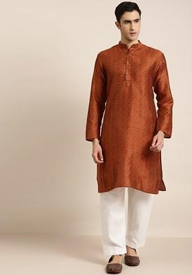 Orange Woven Jacquard Kurta For Men