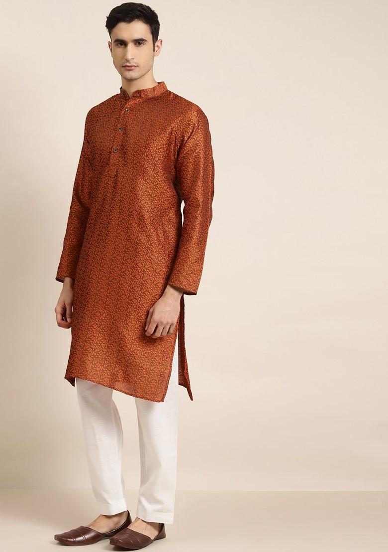 Orange Woven Jacquard Kurta For Men