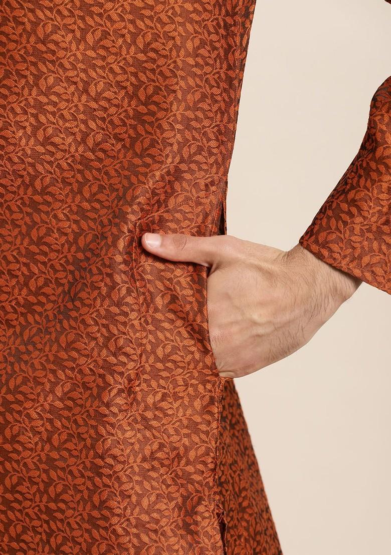 Orange Woven Jacquard Kurta For Men