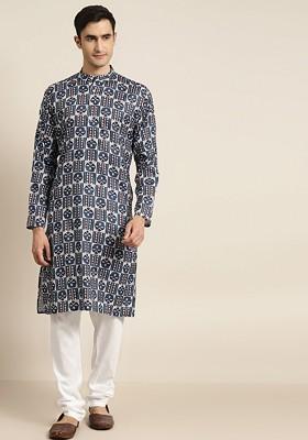 Navy Blue Printed Cotton Kurta For Men