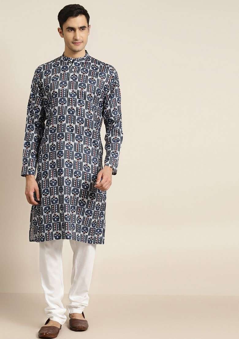 Navy Blue Printed Cotton Kurta For Men - Indya