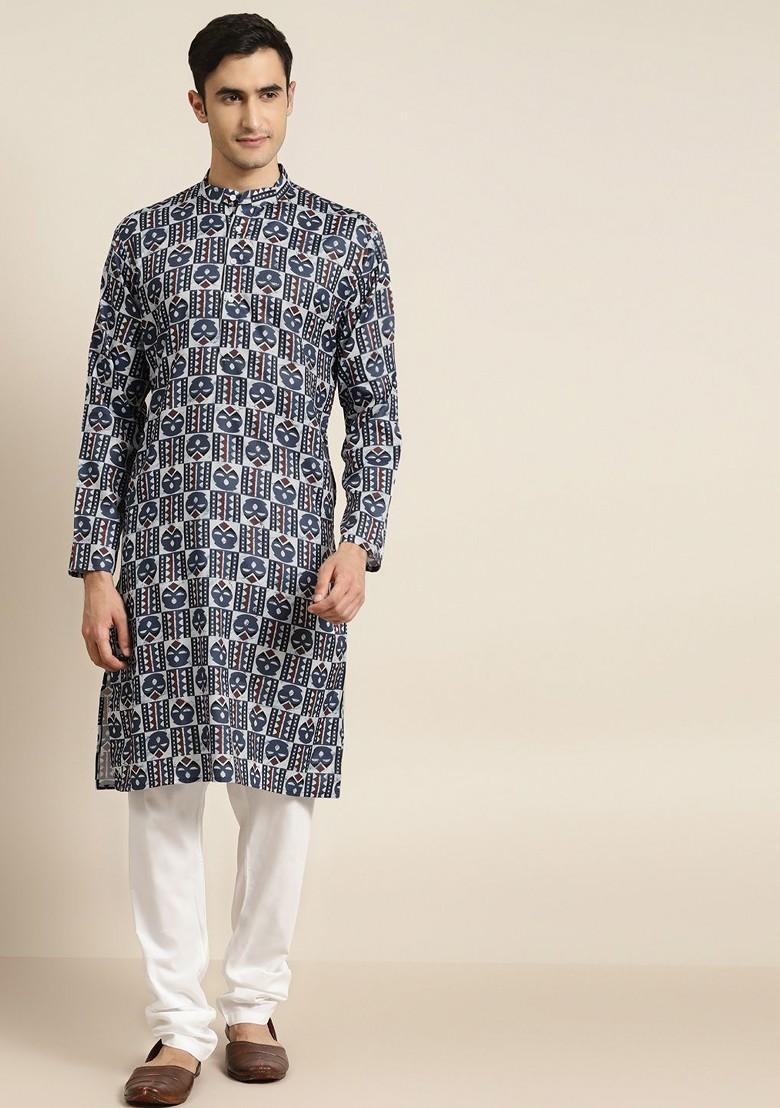 Navy Blue Printed Cotton Kurta For Men
