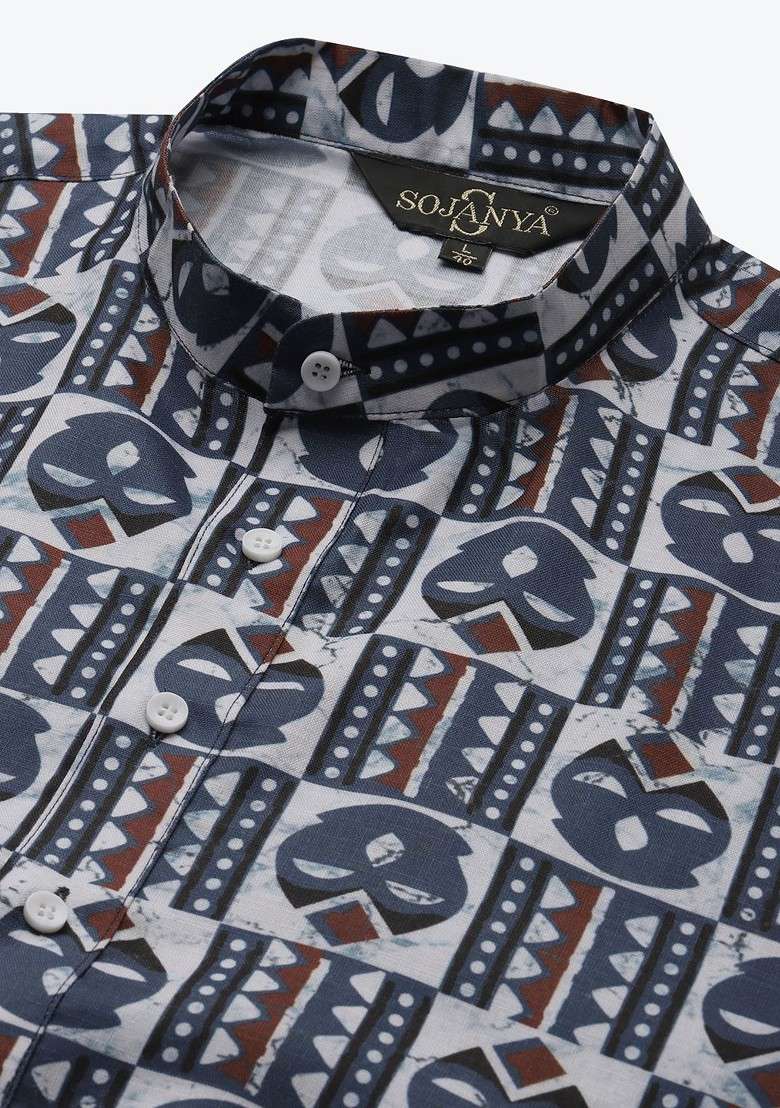 Navy Blue Printed Cotton Kurta For Men - Indya