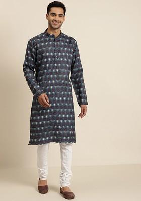 Teal Blue Ethnic Motifs Cotton Kurta For Men