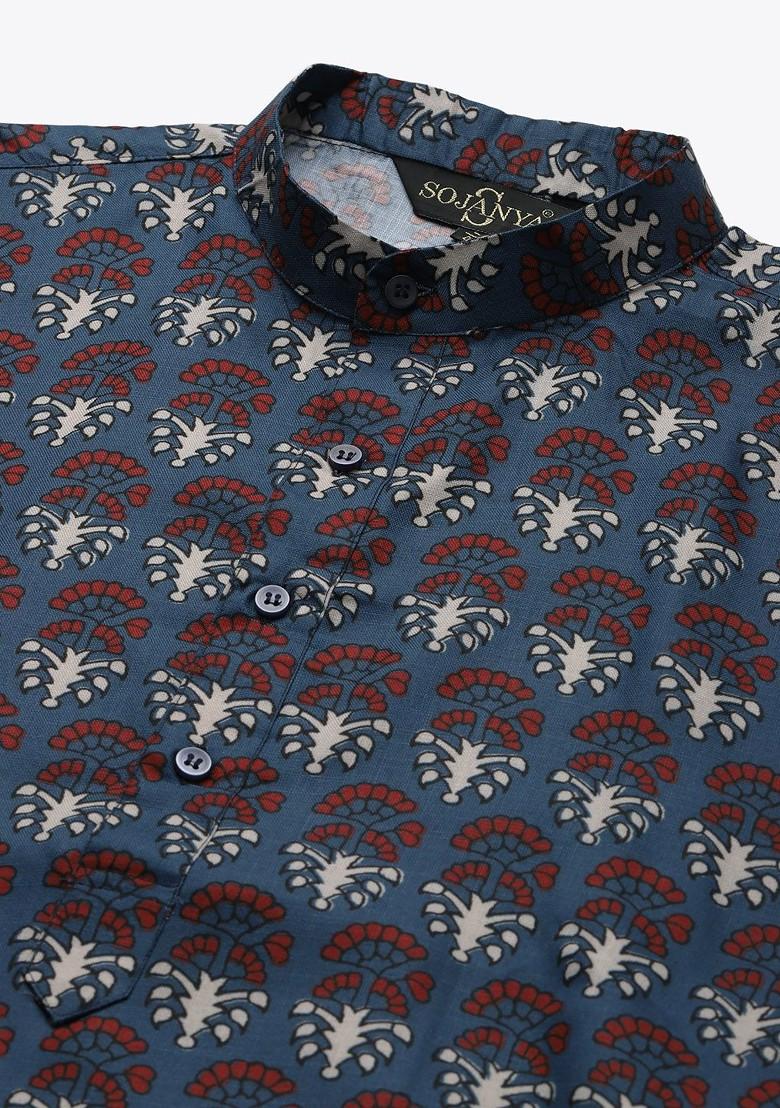 Teal Blue Ethnic Motifs Cotton Kurta For Men