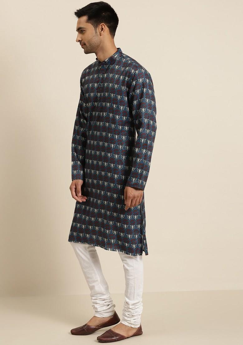 Teal Blue Ethnic Motifs Cotton Kurta For Men