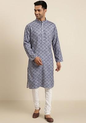 Off White Printed Cotton Kurta For Men