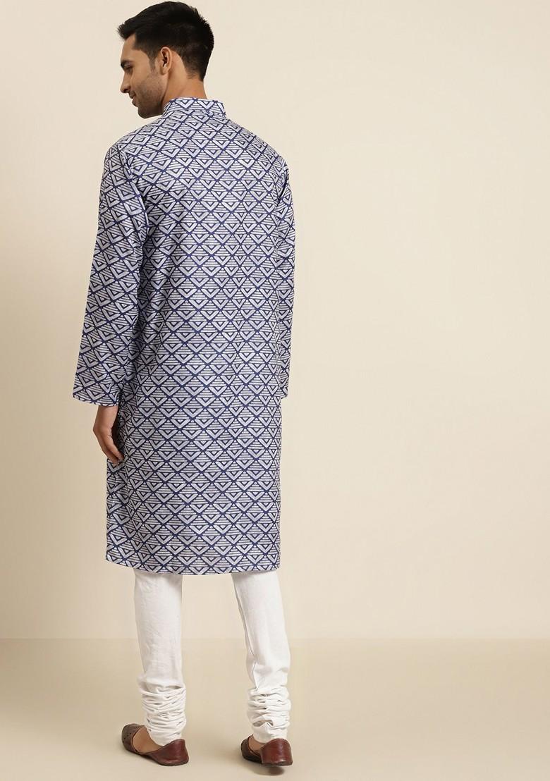 Off White Printed Cotton Kurta For Men