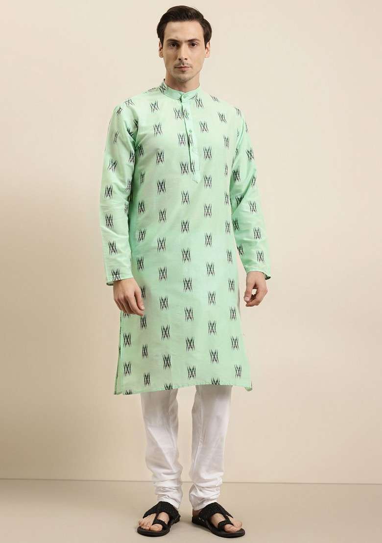 Green Ikkat Cotton Kurta For Men - Indya