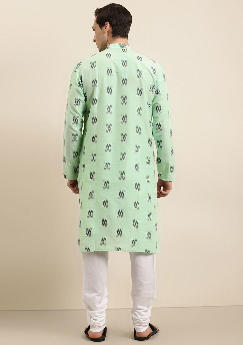 Green Ikkat Cotton Kurta For Men