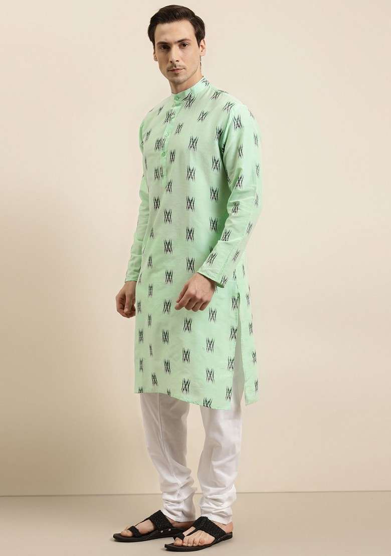 Green Ikkat Cotton Kurta For Men - Indya