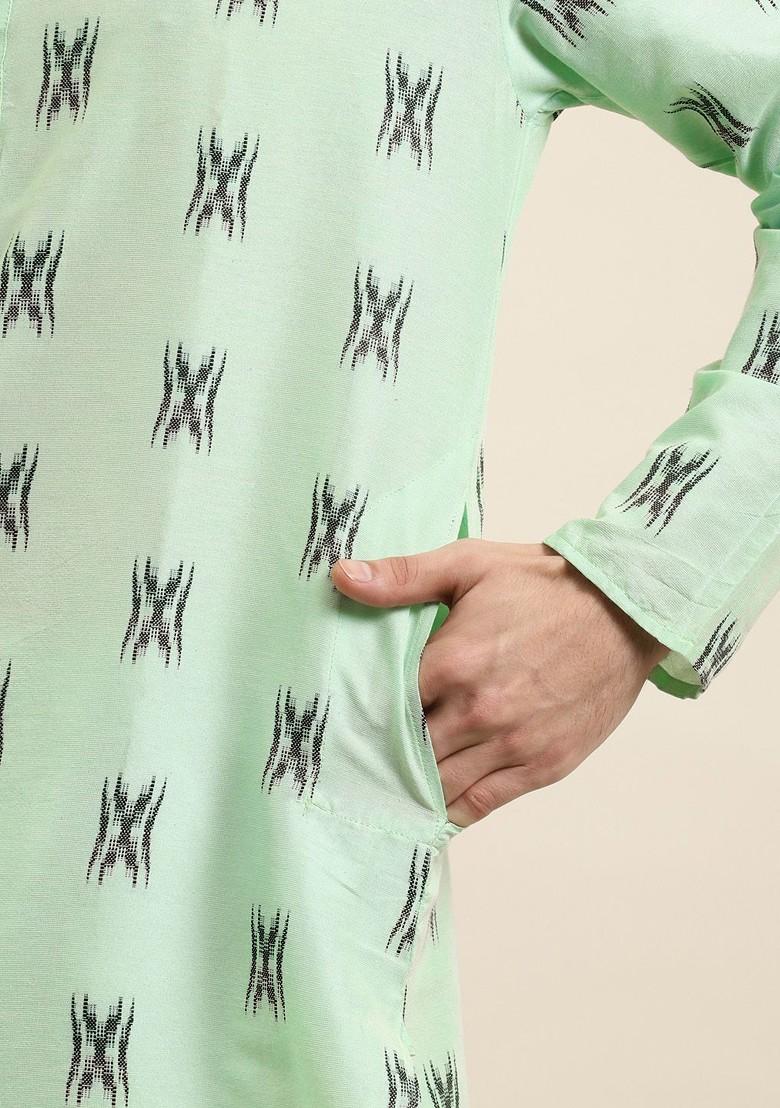 Green Ikkat Cotton Kurta For Men