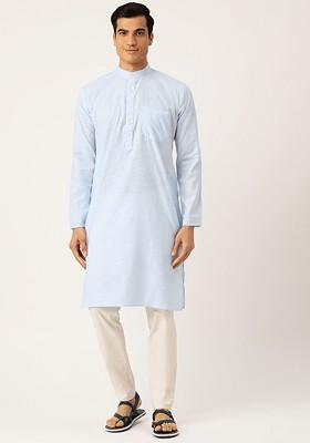 Blue Striped Poly Blend Kurta For Men