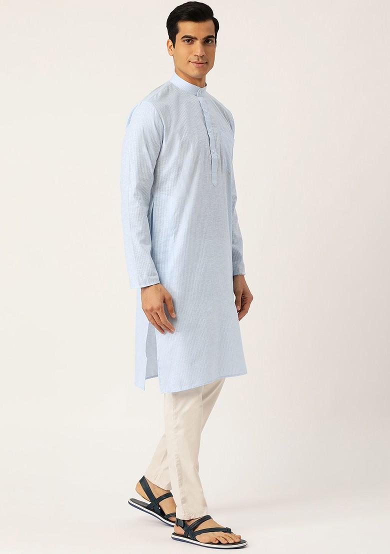 Blue Striped Poly Blend Kurta For Men
