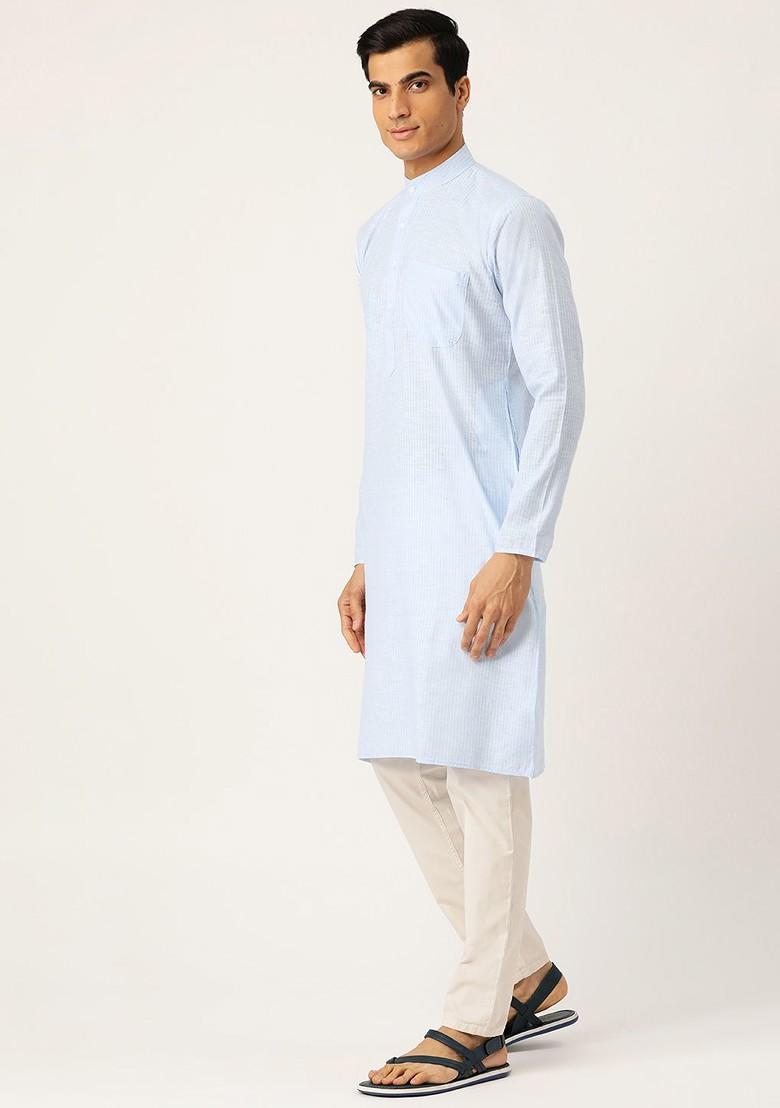 Blue Striped Poly Blend Kurta For Men