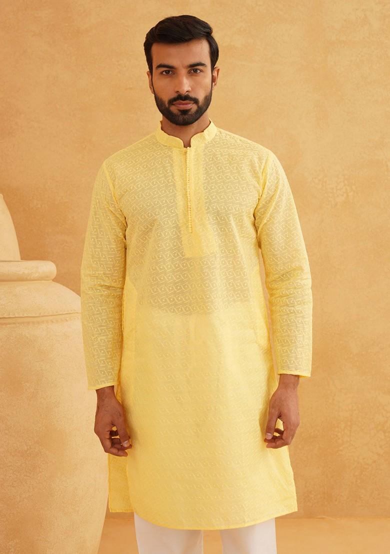 Yellow Embroidered Poly Blend Kurta For Men