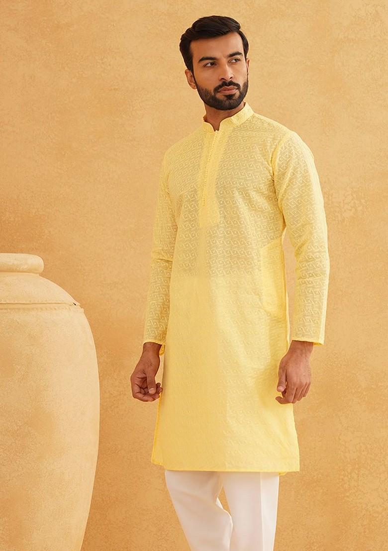 Yellow Embroidered Poly Blend Kurta For Men
