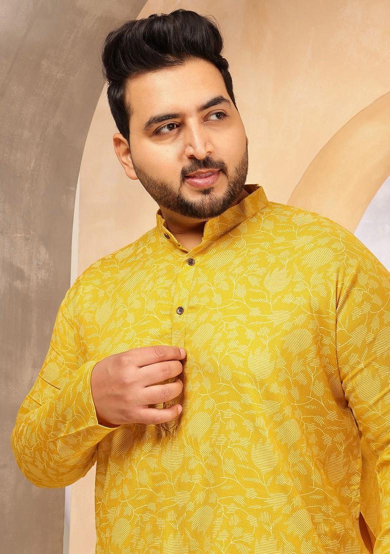 Yellow Printed Poly Blend Kurta For Men