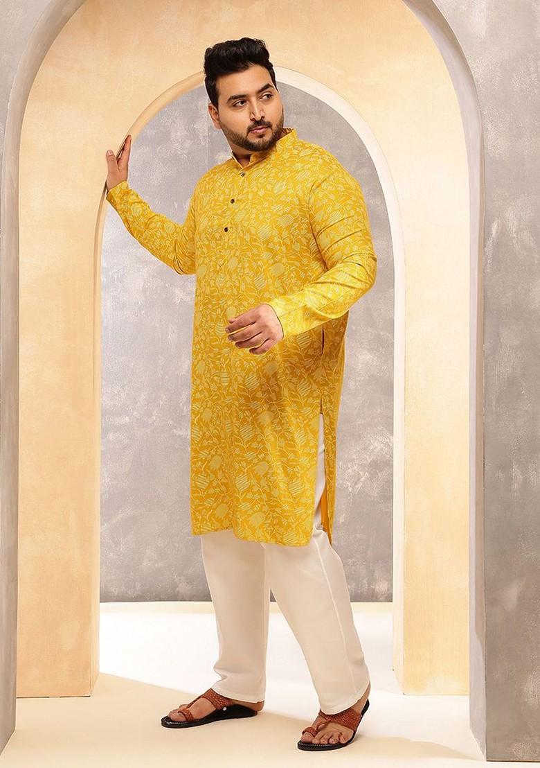 Yellow Printed Poly Blend Kurta For Men