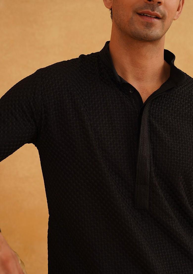 Black Embroidered Cotton Kurta For Men