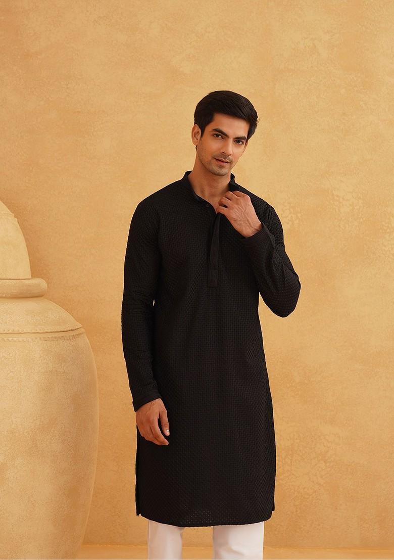 Black Embroidered Cotton Kurta For Men
