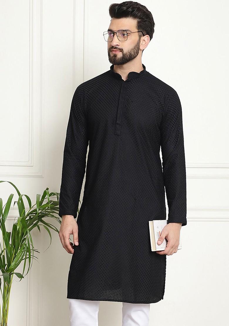 Black Embroidered Cotton Kurta For Men
