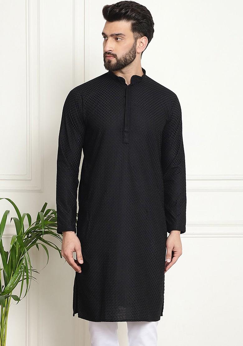 Black Embroidered Cotton Kurta For Men